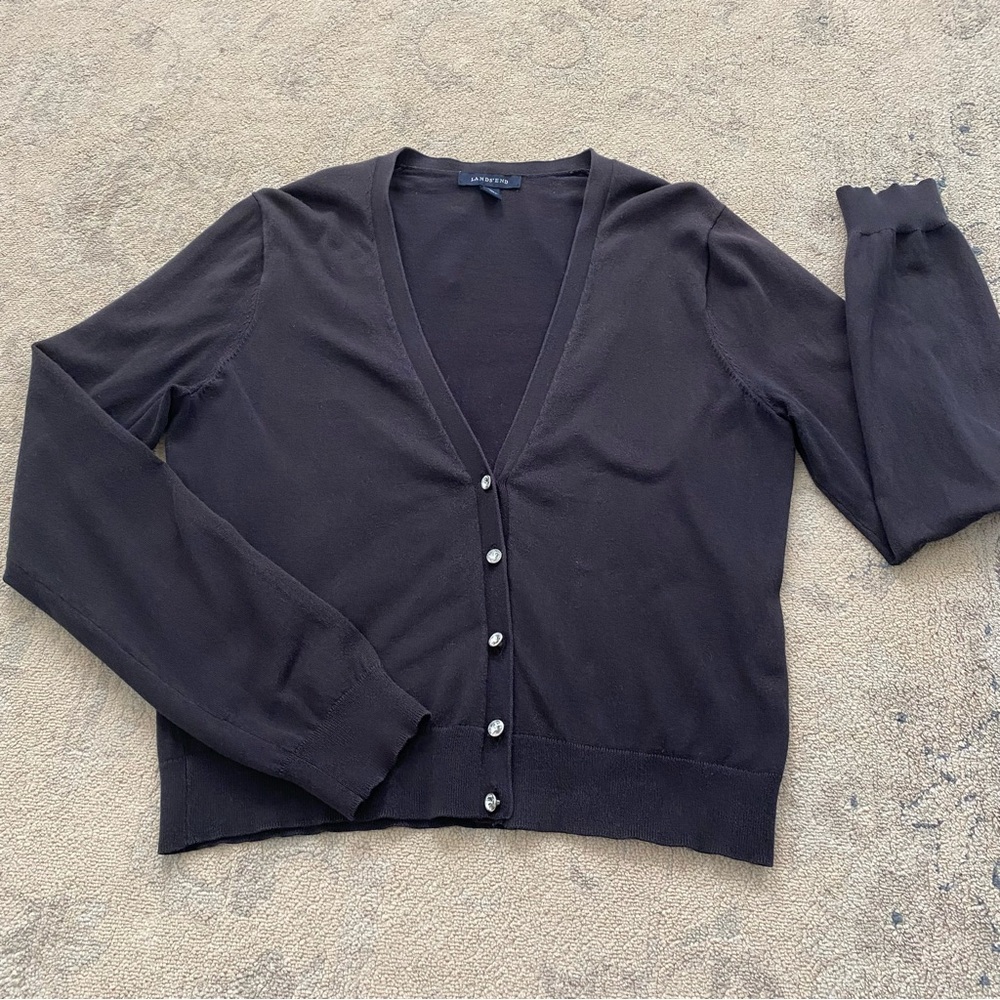Lands' End Cardigan Sweater XS 2-4 Black Jewel V-Neck Cotton